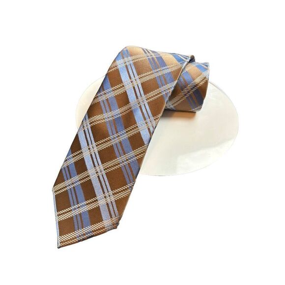 Michael Kors Men's Plaid Silk Tie Brown & Blue 58" Long - Picture 1 of 5